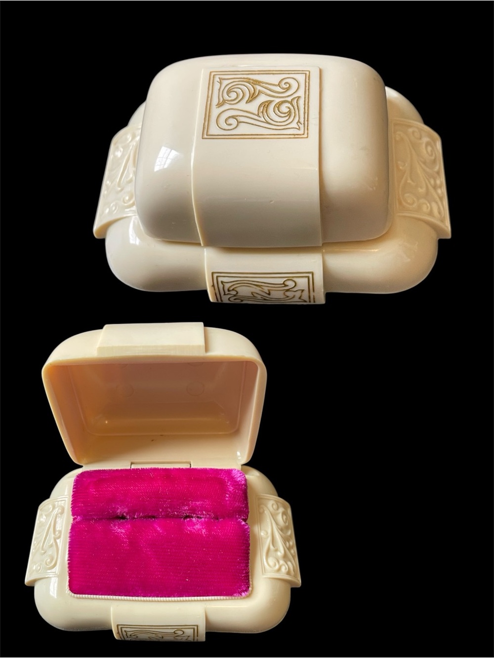 Vtg Dennison Art Deco Ring Box Celluloid Plastic Red Velvet Gold Scroll Accents